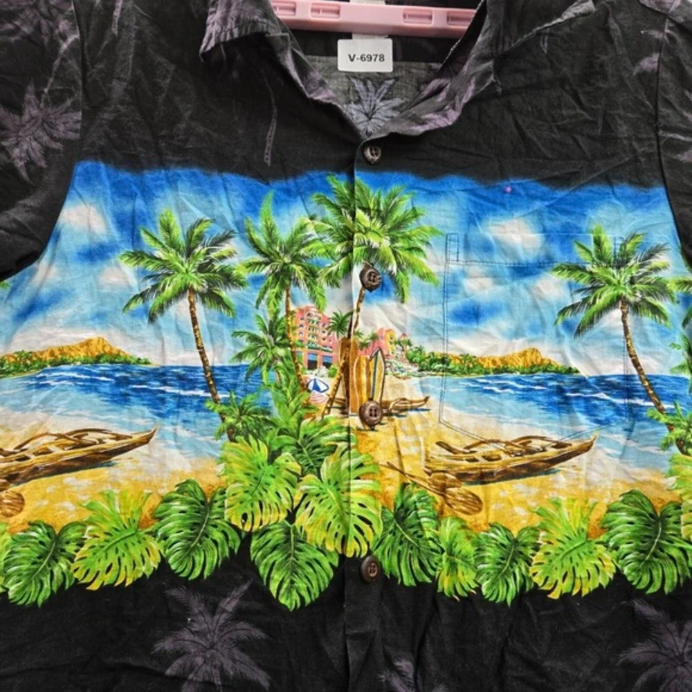 VINTAGE Blue Hawaii Men Button Up Shirt‎ S Black Palm Trees Beach Scene 90s USA